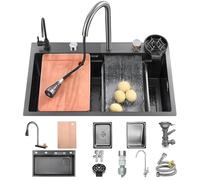 KOOGIMDDR Kitchen Sink for the Workplace 68x45cm with Waterfall Tap, Stainless Steel Sink Black Made of Stainless Steel for Home Use, High-Pressure Spray, Cutting Board, Draining Basket and