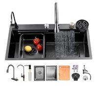 KOOGIMDDR Kitchen Sink for Workplace 80 x 50 cm with Waterfall Tap, Single Bowl Set Made of Stainless Steel Black/Grey for Home Use, Pressure Washers, Chopping Board, Drip Basket and Accessories