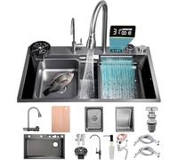 KOOGIMDDR Kitchen Sink for Workplace 90 x 50 cm with Waterfall Tap, Single Bowl Set Made of Stainless Steel Black/Grey for Home Use, Pressure Washers, Chopping Board, Drip Basket and Accessories