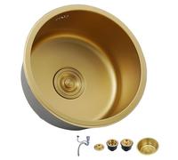 KOOGIMDDR Round Kitchen Sink 32 cm Gold - Mini Undermount Stainless Steel Sink with Gold Drain and Siphon Included - for Small Kitchen, RV, Office, Food Truck - Single Bowl Design