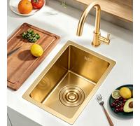 KOOGIMDDR Sink with Fitting 38 x 26 cm, Golden Modern Stainless Steel Kitchen Sink with Siphon, 1 Basin Built-in Sink, Bar Sink with Telescopic Drain Basket, Kitchen Sink