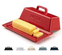 Kook Ceramic Butter Dish with Lid, Kitchen Countertop Butter Keeper, Serving Tray with Cover, Storage Container, Holds 1 Stick, Microwave and Dishwasher Safe, (Red)