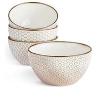 KooK Ceramic Cereal Bowls, Embossed, for Yogurt, Dessert and Poke, Microwave & Dishwasher Safe, Cream with Dark Copper Accents, Set of 4, 22 oz, Narbonne Collection