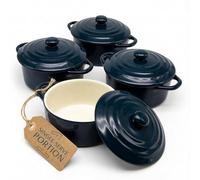 Kook Ceramic Mini Cocotte Set, Small Casserole Dishes with Lids and Handles, Individual Baking Ramekins, Oven, Microwave & Dishwasher Safe, Stoneware, 12 oz, Set of 4, (Navy)