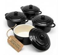 Kook Ceramic Mini Cocotte Set, Small Casserole Dishes with Lids and Handles, Individual Baking Ramekins, Oven, Microwave & Dishwasher Safe, Stoneware, 12 oz, Set of 4, (Black)