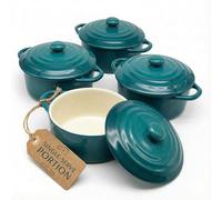 Kook Ceramic Mini Cocotte Set, Small Casserole Dishes with Lids and Handles, Individual Baking Ramekins, Oven, Microwave & Dishwasher Safe, Stoneware, 12 oz, Set of 4, (Aqua Ombre)