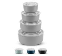 KooK Ceramic Nesting Bowls with Lids, Food Storage Containers, Kitchen Bowl Set, For Prep, Mixing and Serving, Microwave and Dishwasher Safe, Set of 4, 50/28/16/9 oz (Grey)