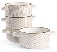 KooK Ceramic Soup Bowls with Handles, Embossed, for Cereal, Dessert, Pastas, Microwave & Dishwasher Safe, Cream with Dark Copper Accents, Set of 4, 26.5 oz, Narbonne Collection