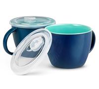 KooK Ceramic Soup Cups with Handle, Vented Plastic Lid, Perfect for Overnight Oatmeal, Microwaveable, Travel Mugs for Coffee, Cereal, 750ml, Set of 2 (Navy/Jade)