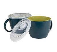 KooK Ceramic Soup Mug Set with Lid & Handles, 25 Oz Microwave-Safe Bowls for Cereal, Overnight Oats, Coffee, Travel Use, Navy/Chartreuse, Set of 2