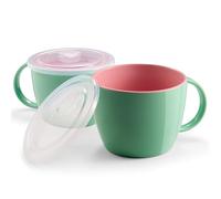 KooK Ceramic Soup Mug Set with Lid & Handles, 25 Oz Microwave-Safe Bowls for Cereal, Overnight Oats, Coffee, Travel Use, Mint/Coral, Pack of 2