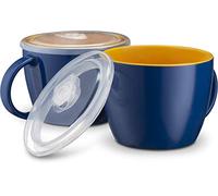 KooK Ceramic Soup Mug Set with Lid & Handles, 25 Oz Microwave-Safe Bowls for Cereal, Overnight Oats, Coffee, Travel Use, Navy/Pumpkin, Set of 2