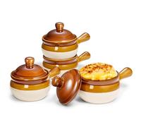 KooK French Onion Soup Crocks, Ceramic Bowls with Lids, Large Handles, Oven & Microwave Safe, Brown/White, Set of 4, 15 oz