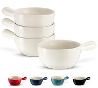 KOOK French Onion Soup Crocks, Stackable Ceramic Bowls with Handles, Oven, Microwave and Dishwasher Safe, for Cereal, Soups, Casseroles, Handle, Stoneware, 24 oz, Set of 4 (White)