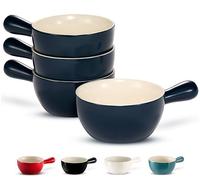 KOOK French Onion Soup Crocks, Stackable Ceramic Bowls with Handles, Oven, Microwave and Dishwasher Safe, for Cereal, Soups, Casseroles, Handle, Stoneware, 24 oz, Set of 4 (Navy)