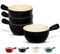 KooK French Onion Soup Crocks, Stackable Ceramic Bowls with Handles, Oven, Microwave and Dishwasher Safe, for Cereal, Soups, Casseroles, Handle, Stoneware, 24 oz, Set of 4 (Black)