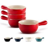KOOK French Onion Soup Crocks, Stackable Ceramic Bowls with Handles, Oven, Microwave and Dishwasher Safe, for Cereal, Soups, Casseroles, Handle, Stoneware, 24 oz, Set of 4 (Crimson Ombre)
