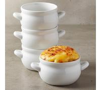 KooK French Onion Soup Crocks with Handles, Ceramic, Dishwasher, Microwave, Oven & Broil Safe, White Set of 4, 18 oz