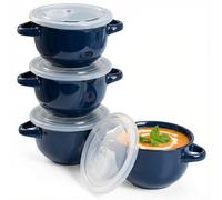 KooK French Onion Soup with Handles, Ceramic Bowls for Rice, Desserts, Pasta, Dishwasher, Microwave, Oven and Kettle, Set of 4 (Blue)