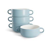 Kook Soup Crocks, Ceramic Bowls, Broil, Oven, Microwave and Dishwasher Safe, with Handles, For Casserole, Pasta, Cereal, 20 oz, Set of 4 (Pale Blue)