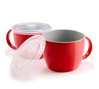 KooK Soup Mugs, Soup Cups with Lid, Microwavable Soup Bowl with Handles, Ceramic with Plastic Lid, for Overnight Oats, Travel Cups, Oversized Coffee Mug, Cereal, 25 Oz, Set of 2, Cherry/Grey