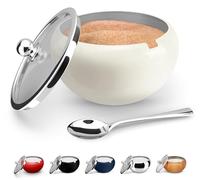 KooK Stainless Steel Sugar Bowl with Lid and Spoon, Serving Dish, Clear Glass Lid, Storage for Salt, Candy, Coffee, Holds 2 Cups, Dishwasher Safe, 16 oz Vintage White Glossy