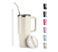 KooK Stainless Steel Tumbler, with Straw and Handle, Leakproof, Vacuum Insulated Travel Coffee Mug, Reusable Double Walled Water Bottle, Keeps Hot or Cold, 40 oz (Antique White)