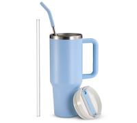 KooK Stainless Steel Tumbler, with Straw and Handle, Leakproof, Vacuum Insulated Travel Coffee Mug, Reusable Double Walled Water Bottle, Keeps Hot or Cold, 40 oz (Sky Blue)