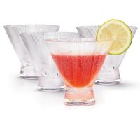 KooK Stemless Ribbed Martini Glasses, Footed Drinking Cups, Great for Cocktails, Margaritas, Liquor, Desserts and More, Dishwasher Safe, Clear, 9 oz, Set of 4