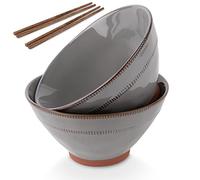 KooK Terracotta Japanese Ramen Bowls, Microwavable, Dishwasher Safe, for Rice, Udon, Soba, Pho, 36 oz, with One Set of Wooden Chopsticks, Set of 2 (Carbon Grey)