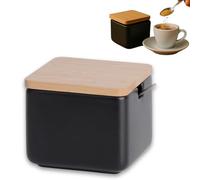 KOOK TIME Black Ceramic Sugar Bowl with Bamboo Lid and Stainless Steel Spoon | Perfect as Sugar Pot, Salt Cellar or Spice Jar | 10x10x9 cm