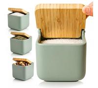 KOOK TIME Ceramic Salt Cellar with Bamboo Swivel Lid | Modern Kitchen Storage Pot for Salt, Spices or Sugar | 11.5 cm Sage Matt Finish
