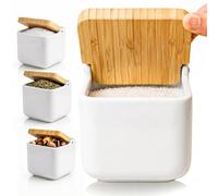 KOOK TIME Ceramic Salt Cellar with Bamboo Swivel Lid | Modern Kitchen Storage Pot for Salt, Spices or Sugar | 11.5 cm White Matt Finish