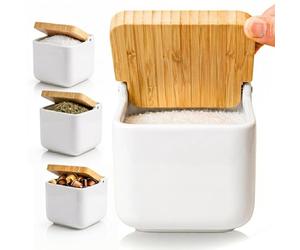 KOOK TIME Ceramic Salt Cellar with Bamboo Swivel Lid | Modern Kitchen Storage Pot for Salt, Spices or Sugar | 11.5 cm White Matt Finish