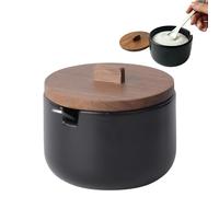 KOOK TIME Ceramic Sugar Bowl with Spoon Curve - Small Kitchen Canister with Acacia Wood Lid. Serving Pot for Sugar, Salt, Spices, or Grated Cheese. 10.5 x 9 cm.- Matt Black