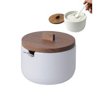 KOOK TIME Ceramic Sugar Bowl with Spoon Curve - Small Kitchen Canister with Acacia Wood Lid. Serving Pot for Sugar, Salt, Spices, or Grated Cheese. 10.5 x 9 cm.- White
