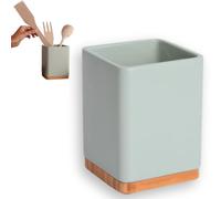 KOOK TIME Ceramic Utensil Holder with Bamboo Base | Square Kitchen Utensil Pot for Ladles, Spatulas and Cutlery | Matt Sage, 10.5 x 10.5 x 15 cm