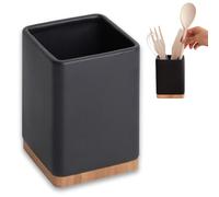 KOOK TIME Ceramic Utensil Holder with Bamboo Base | Square Kitchen Utensil Pot for Ladles, Spatulas and Cutlery | Matt Black, 10.5 x 10.5 x 15 cm
