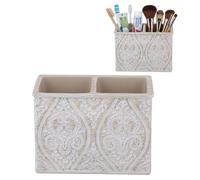 Kook Time Double Makeup Brush & Toothbrush Holder DAMASK Series - Desk Organiser for Pens, Pencils or Vanity - Embossed Floral Pattern - 14 x 7.5 x 10 cm - Cream