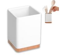 KOOK TIME Kitchen Utensils Holder - Utensil Holder for the kitchen countertop - Ceramic and Bamboo - Kitchen utensil holder - White ceramic - 10.5 x 10.5 x 15 cm