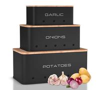 KOOK TIME Metal Vegetable Storage Set | 3-Piece Potato, Onion & Garlic Canisters with Lids & Air Vents | Kitchen Containers for Pantry Organisation | Rustic Farmhouse Design | Black