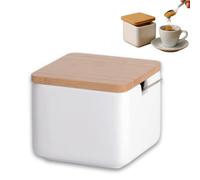 KOOK TIME Original Square Ceramic Sugar Bowl - with Bamboo Wood Lid and Stainless Steel Spoon - Ideal Use as Sugar Bowl and Salt Shakers - Measurements: 10 x 10 x 9 cm - White