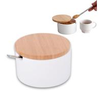 KOOK TIME Sugar Bowl for Kitchen and Serving, Ceramic Bowl Sugar Pot Body with Bamboo lid and Stainless Steel Spoon, Useful Also as a Salt Pig or for Spice (White)
