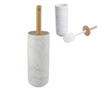 Kook Time Toilet Brush and Holder - White Marble Effect Polyresin & Bamboo Handle - Freestanding, Closed & Sturdy Design - Replaceable Brush Head