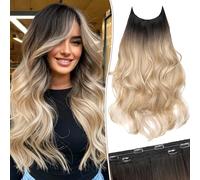 KooKaStyle Invisible Wire Hair Extensions Long Wavy Layered Synthetic Hair Extensions with Transparent Wire Adjustable Size 6 Secure Clips Brown to Blonde Hairpieces for Women
