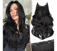 KooKaStyle Invisible Wire Hair Extensions Long Wavy Layered Synthetic Hair Extensions with Transparent Wire Adjustable Size 6 Secure Clips Black Hairpieces for Women 20 Inch