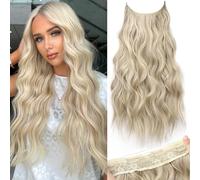 KooKaStyle Invisible Wire Hair Extensions with Clear Band Adjustable Size 4 Safety Clips Long Wavy Secret Wire Hair Extensions Light Brown Mixed Platinum Blonde 61