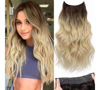 KooKaStyle Invisible Wire Hair Extensions with Transparent Wire, Adjustable Size, 4 Secure Clips, Long Wavy Secret Hairpiece (20 inch, Medium Brown to Bleach Blonde)