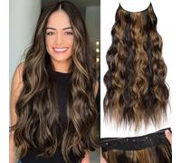 KooKaStyle Invisible Wire Hair Extensions with Transparent Wire Adjustable Size 4 Secure Clips Long Wavy Secret Wire Hairpiece 24 Inch for Women ( Balayage Dark Brown to Chestnut)