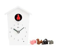 KOOKOO AnimalHouse white, striking small cuckoo clock with 5 farm animals sounds, natural field recordings, modern sleek designed clock